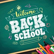 Welcome back to school text drawing by colorful chalk in blackboard with school items and elements. Vector illustration banner.